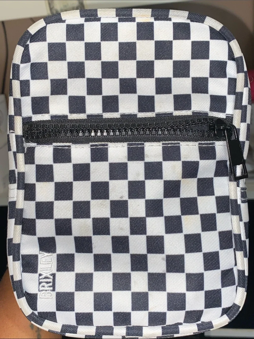 Brixley Rally Checked Crossbody Mini Bag with Black Strap in Black and White